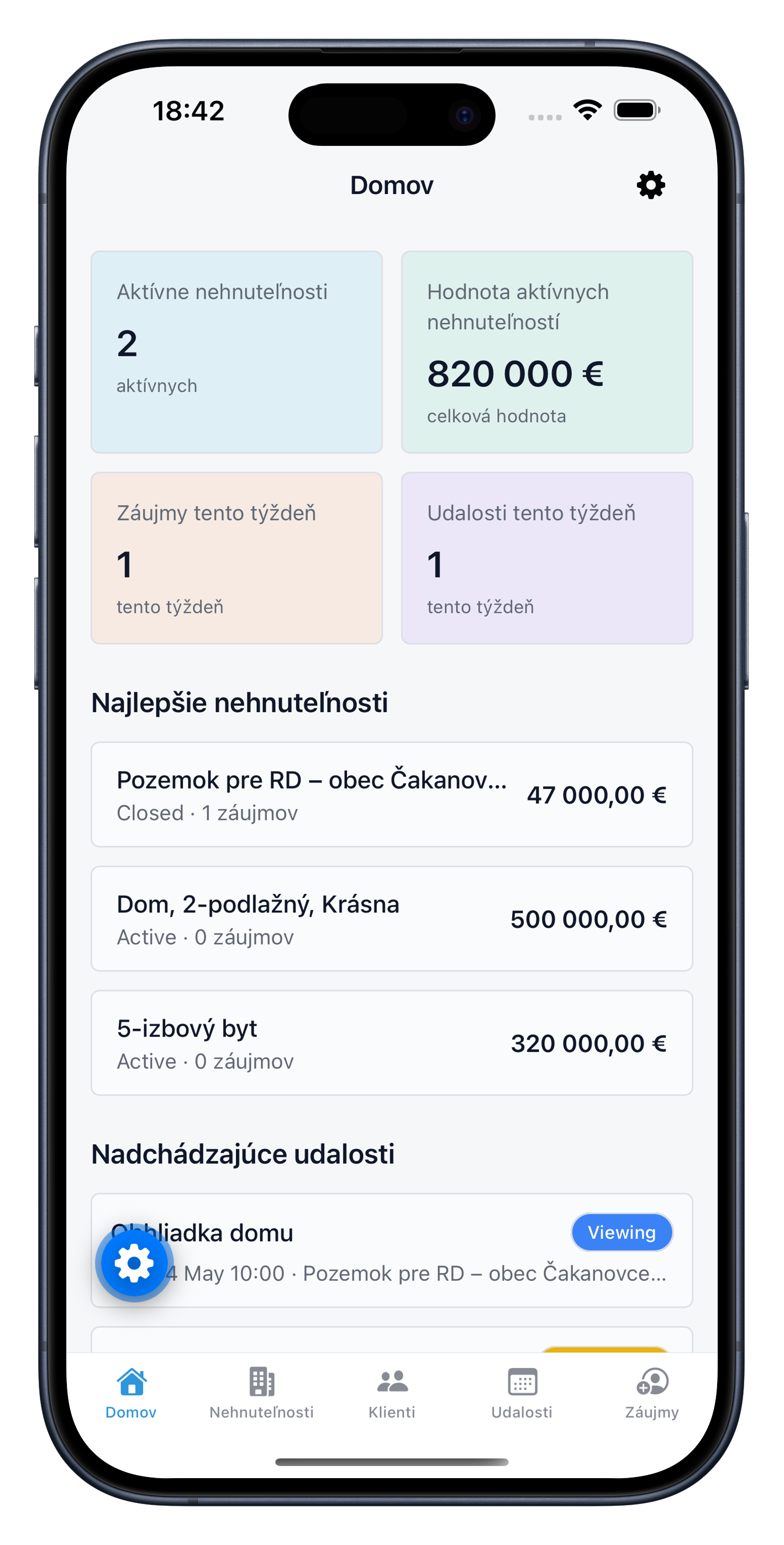 Mobilná aplikácia Imvora s nehnuteľnosťami, záujmami klientov a nadchádzajúcimi udalosťami.
